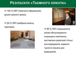 РЕЗУЛЬТАТИ «ТАЄМНОГО КЛІЄНТА»
•У 100 % ЛКП з'явилися інформаційні
дошки єдиного зразка.
•У 90 % ЛКП прибрали власну
територію.
•У 80 % ЛКП покращилися
умови обслуговування :
покращено освітлення,
доставлено додаткові стільці
для відвідувачів, відкрито
туалетні кімнати для
відвідувачів.
 