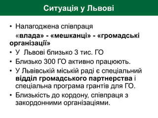 Ситуація у Львові
• Налагоджена співпраця
«влада» - «мешканці» - «громадські
організації»
• У Львові близько 3 тис. ГО
• Близько 300 ГО активно працюють.
• У Львівській міській раді є спеціальний
відділ громадського партнерства і
спеціальна програма грантів для ГО.
• Близькість до кордону, співпраця з
закордонними організаціями.
 