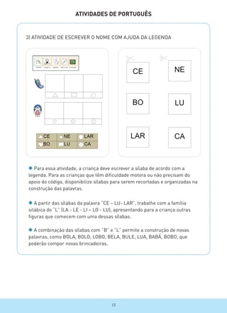 ATIVIDADES DE PORTUGUÊS
3) ATIVIDADE DE ESCREVER O NOME COM AJUDA DA LEGENDA
Para essa atividade, a criança deve escrever a sílaba de acordo com a
legenda. Para as crianças que têm dificuldade motora ou não precisam do
apoio do código, disponibilize sílabas para serem recortadas e organizadas na
construção das palavras.
A partir das sílabas da palavra “CE – LU- LAR”, trabalhe com a família
silábica do “L” (LA - LE - LI – LO - LU), apresentando para a criança outras
figuras que comecem com uma dessas sílabas.
A combinação das sílabas com “B” e “L” permite a construção de novas
palavras, como BOLA, BOLO, LOBO, BELA, BULE, LUA, BABÁ, BOBO, que
poderão compor novas brincadeiras.
13
 