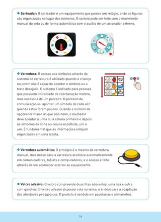 Varredura automática: O princípio é o mesmo da varredura
manual, mas nesse caso a varredura acontece automaticamente
em comunicadores, tablets e computadores, e o acesso é feito
através de um acionador externo ao equipamento.
Sorteador: O sorteador é um equipamento que parece um relógio, onde as figuras
são organizadas no lugar dos números. O sorteio pode ser feito com o movimento
manual da seta ou de forma automática com o auxílio de um acionador externo.
Varredura: O acesso aos símbolos através do
sistema de varredura é utilizado quando a criança
ou jovem não é capaz de apontar o símbolo ou o
texto desejado. O sistema é indicado para pessoas
que possuem dificuldade de coordenação motora,
mas necessita de um parceiro. O parceiro de
comunicação vai apontar um símbolo de cada vez
quando estes forem poucos. Quando o número de
opções for maior do que seis itens, o mediador
deve apontar a linha ou a coluna primeiro e depois
os símbolos da linha ou coluna escolhida, um a
um. É fundamental que as informações estejam
organizadas em uma tabela.
Velcro adesivo: O velcro compreende duas fitas aderentes, uma lisa e outra
com ganchos. O velcro adesivo já possui cola no verso, e é ideal para a adaptação
das atividades pedagógicas. O produto é vendido em papelarias e armarinhos.
16
 