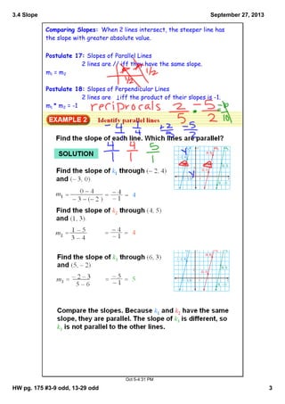 3.4 Slope
HW pg. 175 #39 odd, 1329 odd 3
September 27, 2013
Oct 54:31 PM
Comparing Slopes: When 2 lines intersect, the steeper line has
the slope with greater absolute value.
Postulate 17: Slopes of Parallel Lines
2 lines are // iff they have the same slope.
m1 = m2
Postulate 18: Slopes of Perpendicular Lines
2 lines are iff the product of their slopes is -1.
m1 * m2 = -1