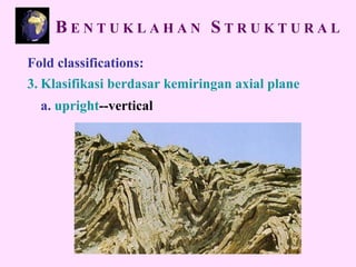 Fold classifications:
3. Klasifikasi berdasar kemiringan axial plane
a. upright--vertical
B E N T U K L A H A N S T R U K T U R A L
 