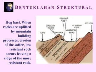 B E N T U K L A H A N S T R U K T U R A L
Hog back When
rocks are uplifted
by mountain
building
processes, erosion
of the softer, less
resistant rock
occurs leaving a
ridge of the more
resistant rock.
 