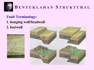 Fault Terminology:
1. hanging wall/headwall
2. footwall
B E N T U K L A H A N S T R U K T U R A L
 