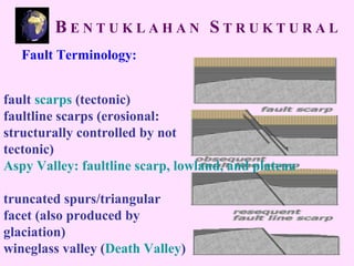 Fault Terminology:
fault scarps (tectonic)
faultline scarps (erosional:
structurally controlled by not
tectonic)
Aspy Valley: faultline scarp, lowland, and plateau
truncated spurs/triangular
facet (also produced by
glaciation)
wineglass valley (Death Valley)
B E N T U K L A H A N S T R U K T U R A L
 