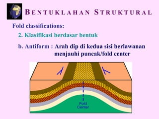 Fold classifications:
2. Klasifikasi berdasar bentuk
b. Antiform : Arah dip di kedua sisi berlawanan
menjauhi puncak/fold center
B E N T U K L A H A N S T R U K T U R A L
 