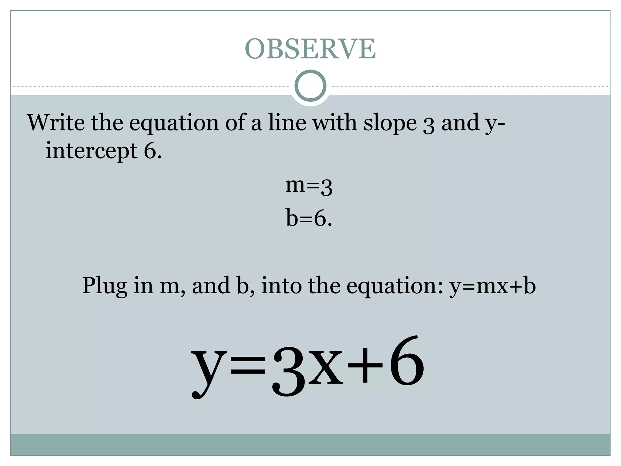 OBSERVE
Write the equation of a line with slope 3 and y-
intercept 6.
m=3
b=6.
Plug in m, and b, into the equation: y=mx+b
y=3x+6
 
