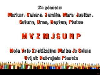 Free powerpoint template: www.brainybetty.com
15
Za planete:Za planete:
MMerkur,erkur, VVenera,enera, ZZemlja,emlja, MMars,ars, JJupiter,upiter,
SSaturn,aturn, UUran,ran, NNeptun,eptun, PPlutonluton
M V Z M J S U N PM V Z M J S U N P
MMojaoja VVrlorlo ZZnatiželjnanatiželjna MMajkaajka JJee SSvimavima
UUvijekvijek NNabrajalaabrajala PPlanetelanete
 