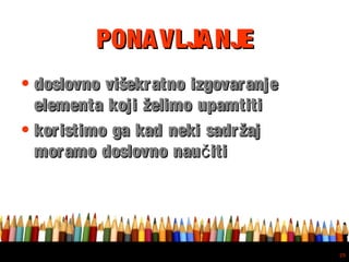 Free powerpoint template: www.brainybetty.com
29
PONAVLJANJEPONAVLJANJE
• doslovno višekratno izgovaranjedoslovno višekratno izgovaranje
elementa koji želimo upamtitielementa koji želimo upamtiti
• koristimo ga kad neki sadržajkoristimo ga kad neki sadržaj
moramo doslovno nau itičmoramo doslovno nau itič
 