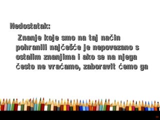 Free powerpoint template: www.brainybetty.com
30
Nedostatak:Nedostatak:
Znanje koje smo na taj na inčZnanje koje smo na taj na inč
pohranili naj eš e je nepovezano sč ćpohranili naj eš e je nepovezano sč ć
ostalim znanjima i ako se na njegaostalim znanjima i ako se na njega
esto ne vra amo, zaboravit emo gač ć ćesto ne vra amo, zaboravit emo gač ć ć
 