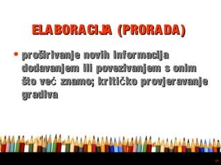 Free powerpoint template: www.brainybetty.com
36
ELABORACIJA (PRORADA)ELABORACIJA (PRORADA)
• proširivanje novih informacijaproširivanje novih informacija
dodavanjem ili povezivanjem s onimdodavanjem ili povezivanjem s onim
što ve znamo; kriti ko provjeravanjeć čšto ve znamo; kriti ko provjeravanjeć č
gradivagradiva
 