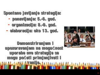 Free powerpoint template: www.brainybetty.com
39
Spontano javljanje strategija:Spontano javljanje strategija:
- ponavljanje: 5.-6. god.ponavljanje: 5.-6. god.
- organizacija: 8.-9. god.organizacija: 8.-9. god.
- elaboracija: oko 13. god.elaboracija: oko 13. god.
Demonstriranjem iDemonstriranjem i
upozoravanjem na mogu nostćupozoravanjem na mogu nostć
uporabe ove strategije seuporabe ove strategije se
mogu po eti primjenjivati ičmogu po eti primjenjivati ič
ranije.ranije.
 