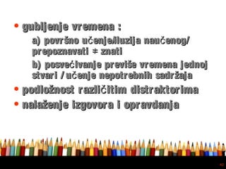 Free powerpoint template: www.brainybetty.com
42
• gubljenje vremena :gubljenje vremena :
a) površno u enje/iluzija nau enog/č ča) površno u enje/iluzija nau enog/č č
prepoznavati znati≠prepoznavati znati≠
b) posve ivanje previše vremena jednojćb) posve ivanje previše vremena jednojć
stvari / u enje nepotrebnih sadržajačstvari / u enje nepotrebnih sadržajač
• podložnost razli itim distraktorimačpodložnost razli itim distraktorimač
• nalaženje izgovora i opravdanjanalaženje izgovora i opravdanja
 
