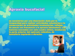 se caracteriza por una disociación dada por la
incapacidad para realizar actividades voluntarias y la
conservación de actividades involuntarias, reflejas.
Se asocia con frecuencia a la apraxia ideomotora. Las
lesiones asociadas con este cuadro clínico, involucran
la parte anterior del opérculo rolándico, de
hemisferio izquierdo o derecho.
 