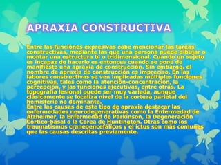 Entre las funciones expresivas cabe mencionar las tareas
constructivas, mediante las que una persona puede dibujar o
montar una estructura bi o tridimensional. Cuando un sujeto
es incapaz de hacerlo es entonces cuando se pone de
manifiesto una apraxia de construcción. Sin embargo, el
nombre de apraxia de construcción es impreciso. En las
labores constructivas se ven implicadas múltiples funciones
cognitivas, tales como la atención-concentración, la
percepción, y las funciones ejecutivas, entre otras. La
topografía lesional puede ser muy variada, aunque
clásicamente se localiza nivel de la corteza parietal del
hemisferio no dominante.
Entre las causas de este tipo de apraxia destacar las
enfermedades neurodegenerativas como la Enfermedad de
Alzheimer, la Enfermedad de Parkinson, la Degeneración
Cortico-basal o la Corea de Huntington. Otras como los
traumatismos craneoencefálicos y el ictus son más comunes
que las causas descritas previamente.
 