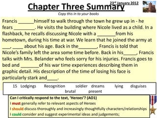 Chapter Three Summary
Francis ______himself to walk through the town he grew up in - he
fears ________. He visits the building where Nicole lived as a child. In a
flashback, he recalls discussing Nicole with a _______from his
hometown, during his time at war. We learn that he joined the army at
___, ____ about his age. Back in the_______, Francis is told that
Nicole’s family left the area some time before. Back in his_____, Francis
talks with Mrs. Belander who feels sorry for his injuries. Francis goes to
bed and _______of his war time experiences describing them in
graphic detail. His description of the time of losing his face is
particularly stark and____.
Can I critically respond to the text, ‘Heroes’? (AO1)
I must generally refer to relevant aspects of Heroes
I should discuss thoroughly and increasingly thoughtfully characters/relationships
I could consider and suggest experimental ideas and judgements;
Copy this in to your books
15 Lodgings Recognition soldier dreams lying disguises
brutal present
23rd January 2012
 