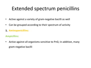 Extended spectrum penicillins
• Active against a variety of gram-negative bacilli as well

• Can be grouped according to their spectrum of activity
1. Aminopenicillins:
Ampicillins:
• Active against all organisms sensitive to PnG; in addition, many
gram-negative bacilli

 