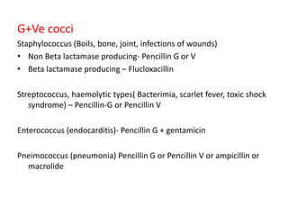 G+Ve cocci
Staphylococcus (Boils, bone, joint, infections of wounds)
• Non Beta lactamase producing- Pencillin G or V
• Beta lactamase producing – Flucloxacillin
Streptococcus, haemolytic types( Bacterimia, scarlet fever, toxic shock
syndrome) – Pencillin-G or Pencillin V
Enterococcus (endocarditis)- Pencillin G + gentamicin
Pneimococcus (pneumonia) Pencillin G or Pencillin V or ampicillin or
macrolide

 