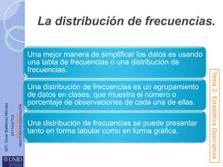 La distribución de frecuencias.

ESTADISTICA
www.unid.edu.mx
MAESTRÍA EN EDUCACIÓN

MTI. Omar Baltiérrez Méndez

Una distribución de frecuencias es un agrupamiento
de datos en clases, que muestra el número o
porcentaje de observaciones de cada una de ellas.
Una distribución de frecuencias se puede presentar
tanto en forma tabular como en forma gráfica.

Tema 2. Estadística Descriptiva

Una mejor manera de simplificar los datos es usando
una tabla de frecuencias o una distribución de
frecuencias.

 