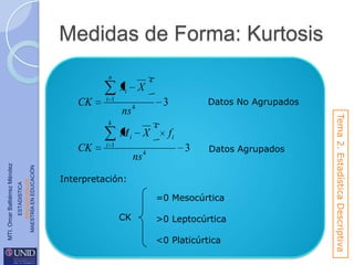 Medidas de Forma: Kurtosis
n

xi
CK

X

4

i 1

k

Mi
ESTADISTICA
www.unid.edu.mx
MAESTRÍA EN EDUCACIÓN

MTI. Omar Baltiérrez Méndez

CK

X

i 1

ns

4

4

fi
3

Datos Agrupados

Interpretación:
=0 Mesocúrtica
CK

>0 Leptocúrtica
<0 Platicúrtica

Tema 2. Estadística Descriptiva

ns

Datos No Agrupados

3

4

 