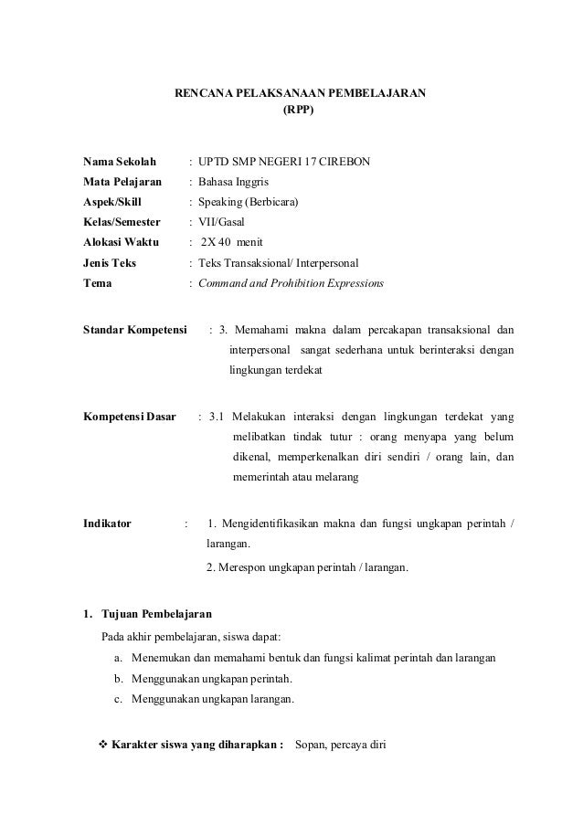 RPP bahasa Inggris SMP (commands and prohibition-speaking 