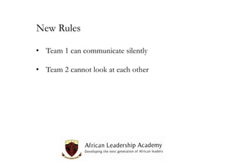 New Rules
• Team 1 can communicate silently
• Team 2 cannot look at each other

 