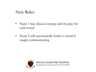New Rules
• Team 1 may discuss strategy and the play for
each round
• Team 2 will automatically forfeit a round if
caught communicating

 
