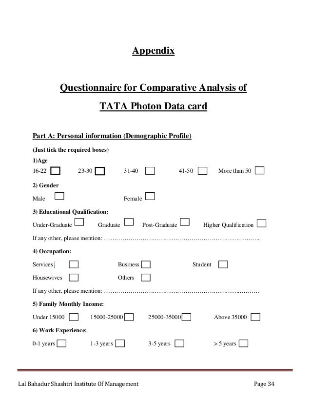 market analysis of tata photon plus demographic information questionnaire