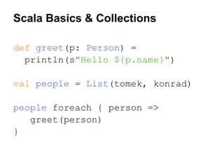 Scala Basics & Collections
def greet(p: Person) =
println(s"Hello ${p.name}")
val people = List(tomek, konrad)
people foreach { person =>
greet(person)
}

 