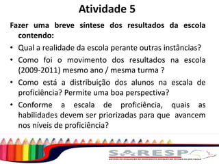 Atividade 5
Fazer uma breve síntese dos resultados da escola
contendo:
• Qual a realidade da escola perante outras instâncias?
• Como foi o movimento dos resultados na escola
(2009-2011) mesmo ano / mesma turma ?
• Como está a distribuição dos alunos na escala de
proficiência? Permite uma boa perspectiva?
• Conforme a escala de proficiência, quais as
habilidades devem ser priorizadas para que avancem
nos níveis de proficiência?

 