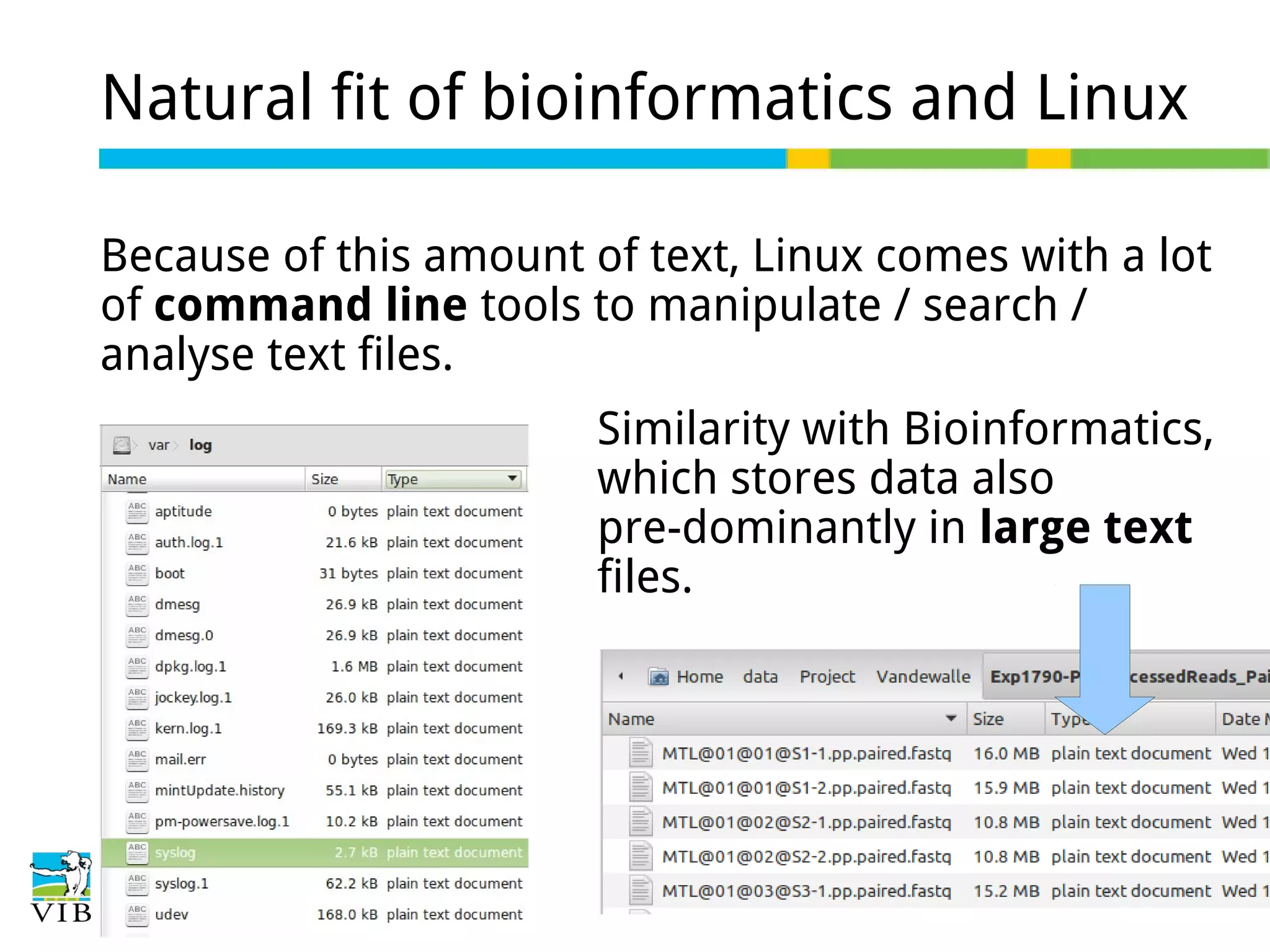 Natural fit of bioinformatics and Linux
Because of this amount of text, Linux comes with a lot
of command line tools to manipulate / search /
analyse text files.
Similarity with Bioinformatics,
which stores data also
pre-dominantly in large text
files.

 