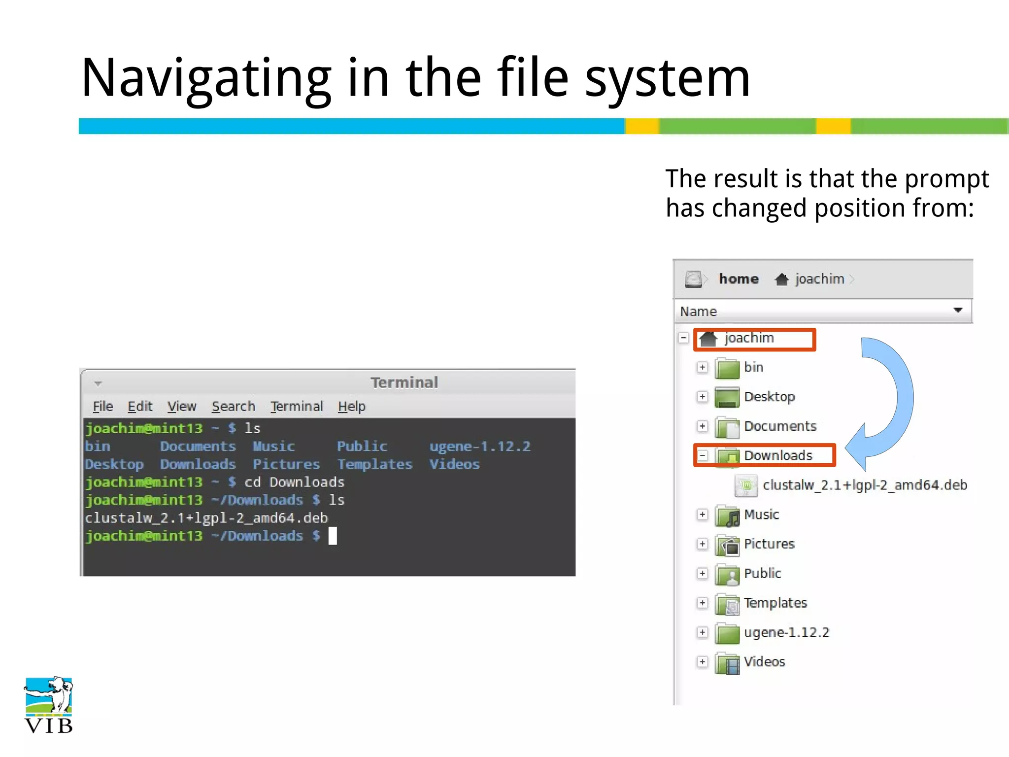Navigating in the file system
The result is that the prompt
has changed position from:

 