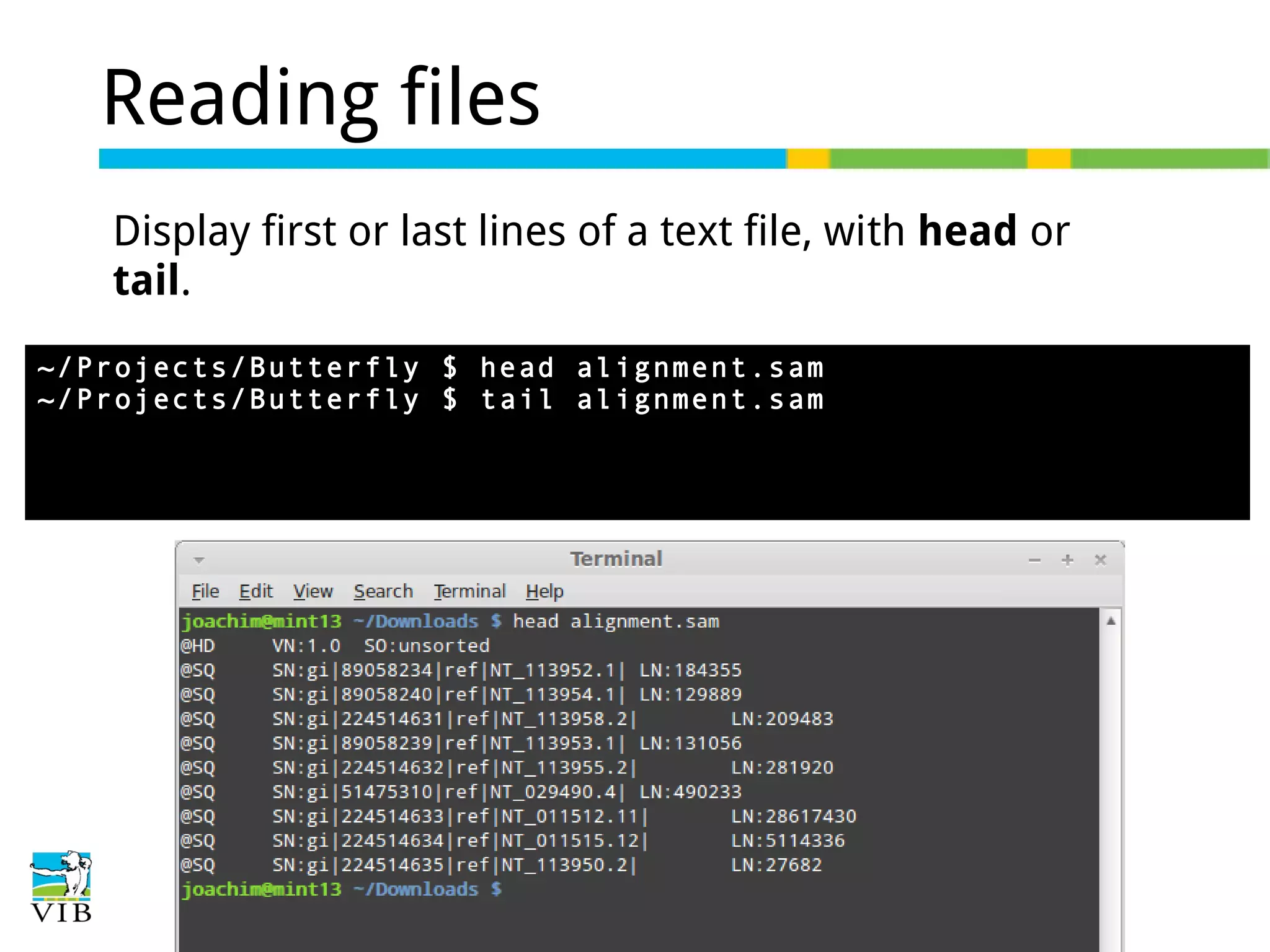Reading files
Display first or last lines of a text file, with head or
tail.
~/Projects/Butterfly $ head alignment.sam
~/Projects/Butterfly $ tail alignment.sam

 