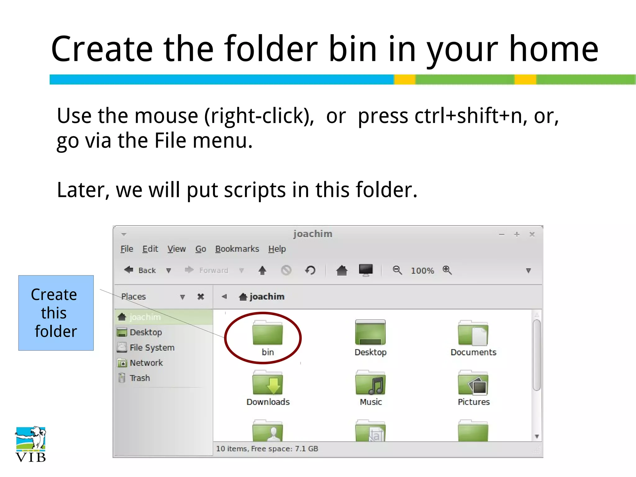 Create the folder bin in your home
Use the mouse (right-click), or press ctrl+shift+n, or,
go via the File menu.
Later, we will put scripts in this folder.

Create
this
folder

 