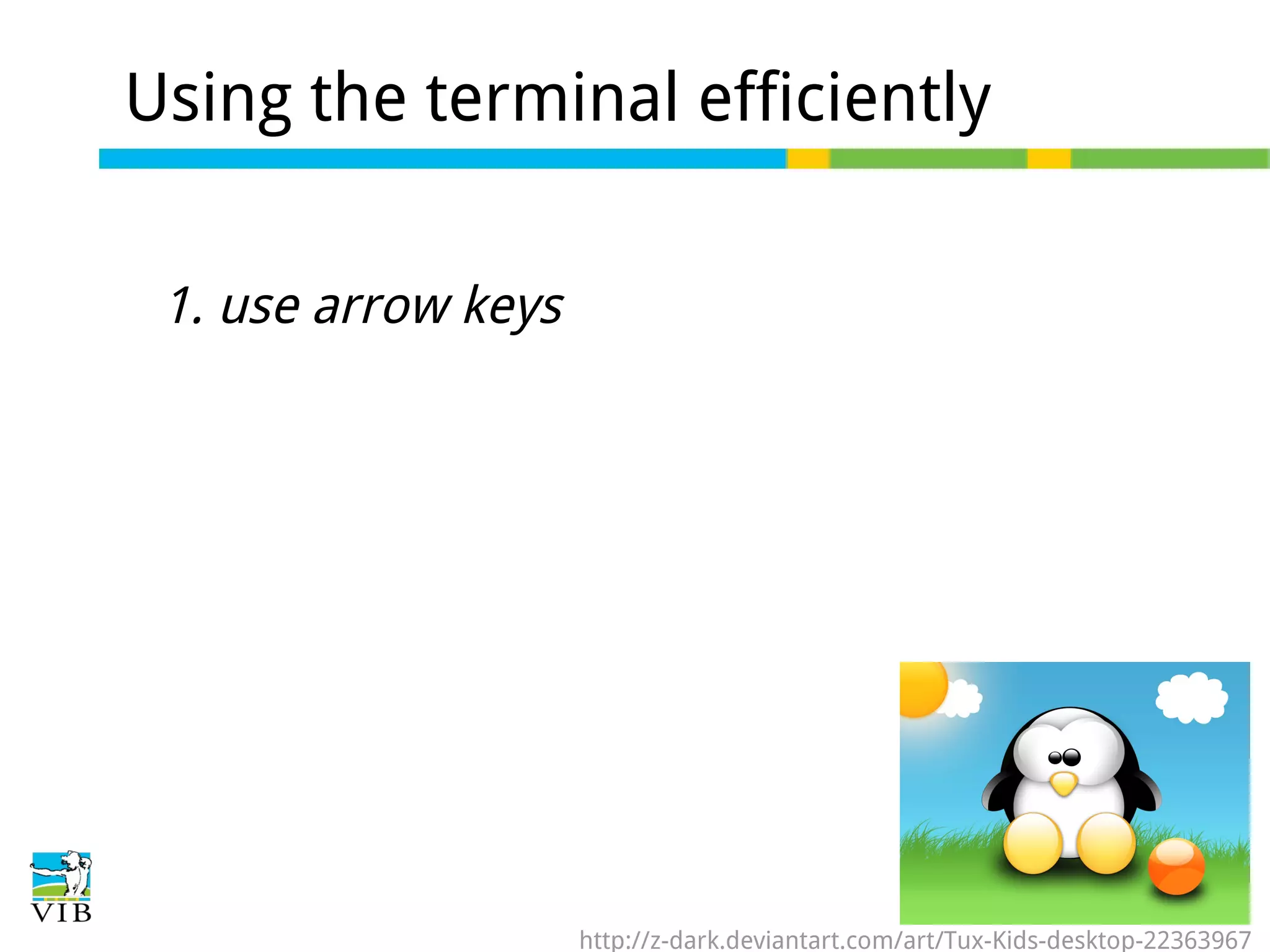 Using the terminal efficiently
1. use arrow keys

http://z-dark.deviantart.com/art/Tux-Kids-desktop-22363967

 