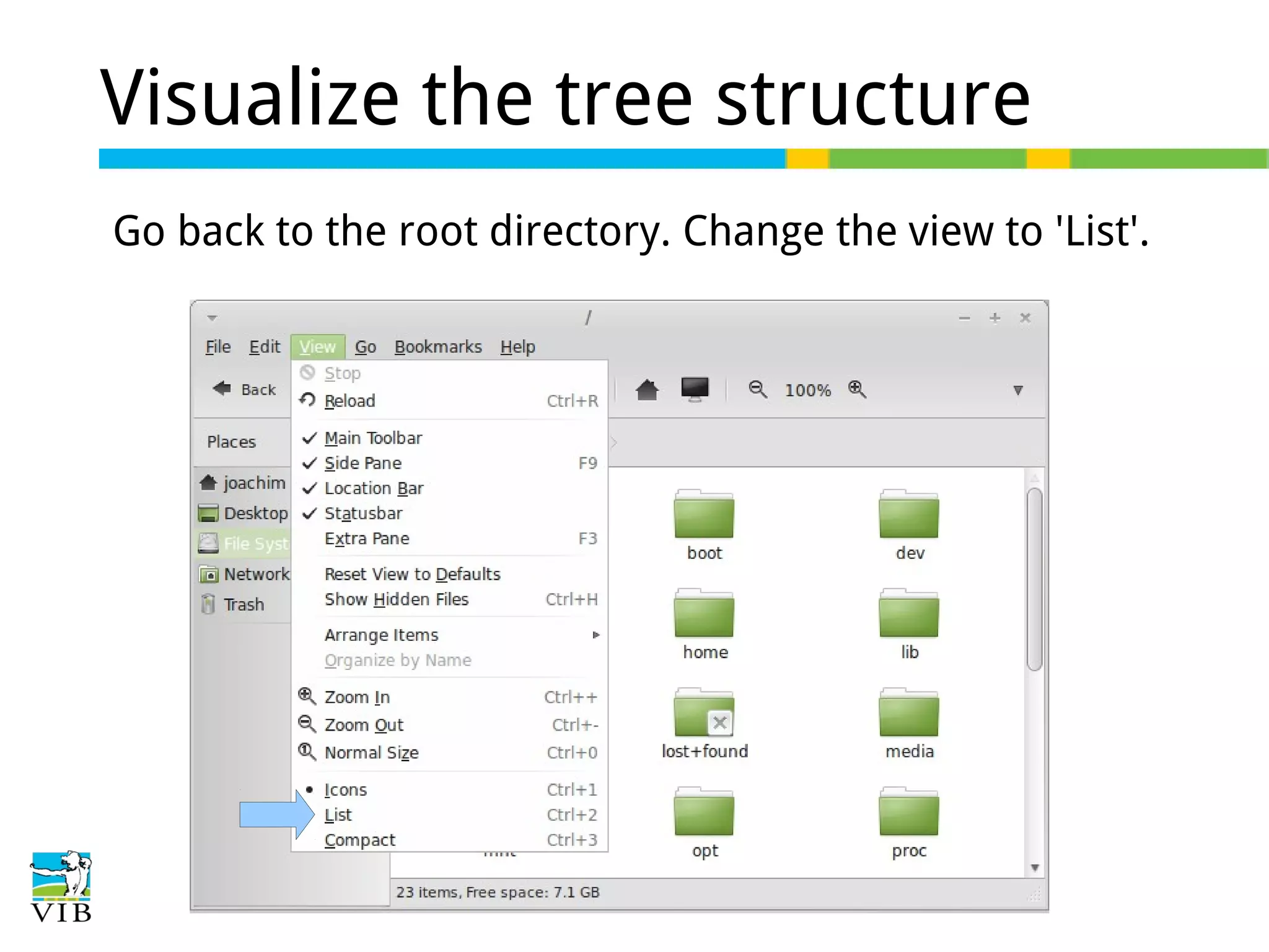 Visualize the tree structure
Go back to the root directory. Change the view to 'List'.

 