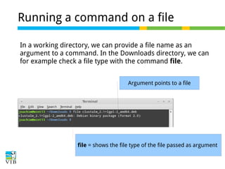 Running a command on a file
In a working directory, we can provide a file name as an
argument to a command. In the Downloads directory, we can
for example check a file type with the command file.
Argument points to a file

file = shows the file type of the file passed as argument

 