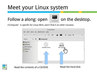 Meet your Linux system
Follow a along: open

on the desktop.

('Computer' is specific for Linux Mint, won't find it on other Linuxes)

Read the contents of a CD/DVD

Read the hard disk

 