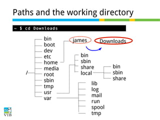 Paths and the working directory
~ $ cd Downloads

/

bin
boot
dev
etc
home
media
root
sbin
tmp
usr
var

james

Downloads

bin
sbin
share
local
lib
log
mail
run
spool
tmp

bin
sbin
share

 