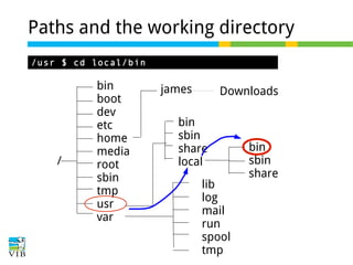 Paths and the working directory
/usr $ cd local/bin

/

bin
boot
dev
etc
home
media
root
sbin
tmp
usr
var

james

Downloads

bin
sbin
share
local
lib
log
mail
run
spool
tmp

bin
sbin
share

 
