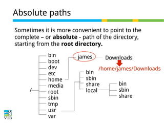 Absolute paths
Sometimes it is more convenient to point to the
complete – or absolute - path of the directory,
starting from the root directory.

/

bin
boot
dev
etc
home
media
root
sbin
tmp
usr
var

james

Downloads
/home/james/Downloads

bin
sbin
share
local

bin
sbin
share

 