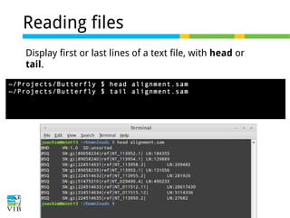 Reading files
Display first or last lines of a text file, with head or
tail.
~/Projects/Butterfly $ head alignment.sam
~/Projects/Butterfly $ tail alignment.sam

 