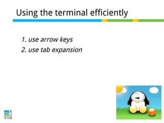 Using the terminal efficiently
1. use arrow keys
2. use tab expansion

 