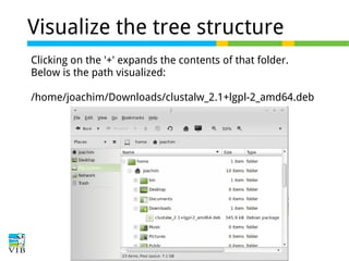 Visualize the tree structure
Clicking on the '+' expands the contents of that folder.
Below is the path visualized:
/home/joachim/Downloads/clustalw_2.1+lgpl-2_amd64.deb

 