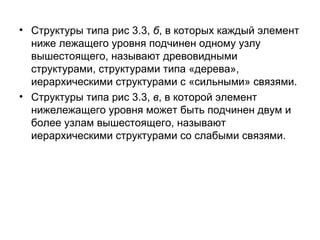 • Структуры типа рис 3.3, б, в которых каждый элемент
ниже лежащего уровня подчинен одному узлу
вышестоящего, называют древовидными
структурами, структурами типа «дерева»,
иерархическими структурами с «сильными» связями.
• Структуры типа рис 3.3, в, в которой элемент
нижележащего уровня может быть подчинен двум и
более узлам вышестоящего, называют
иерархическими структурами со слабыми связями.

 