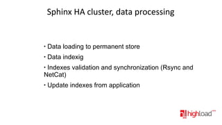 Sphinx HA cluster, data processing

●

Data loading to permanent store

●

Data indexig

Indexes validation and synchronization (Rsync and
NetCat)
●

●

Update indexes from application

 