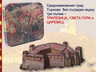 Средновековният град
Търново бил съграден върху
три хълма – ТРАПЕЗИЦА,
СВЕТА ГОРА и ЦАРЕВЕЦ.

план

 