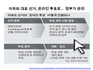 아파트 대표 선거, 온라인 투표로… 정부가 관리

http://news.chosun.com/site/data/html_dir/2013/10/25/2013102500153.html?news_Head3

 