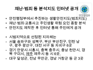 재난·범죄 등 분석지도 인터넷 공개
• 안전행정부에서 추진하는 생활안전지도(범죄지도)
• 재난·범죄·교통사고 주민생활 위험 요인 종합 분석
• 안전지도 제작한 후 인터넷 통해 주민에게 공개
• 시범지역으로 선정된 지자체는
- 서울 송파구와 성북구, 부산 부산진구, 인천 남
구, 광주 광산구, 대전 서구 등 자치구 6곳
- 경기 안양시·시흥시, 충북 충주시, 충남 천안시, 경
북 구미시, 제주 제주시 등 시 6곳,
- 대구 달성군, 전남 무안군, 경남 거창군 등 군 3곳

 