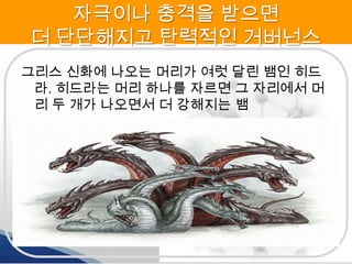 자극이나 충격을 받으면
더 단단해지고 탄력적인 거버넌스
그리스 신화에 나오는 머리가 여럿 달린 뱀인 히드
라. 히드라는 머리 하나를 자르면 그 자리에서 머
리 두 개가 나오면서 더 강해지는 뱀

 